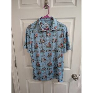 Burlebo Polo Shirt Mens Blue Western Cowboy Up Print Performance - Size M